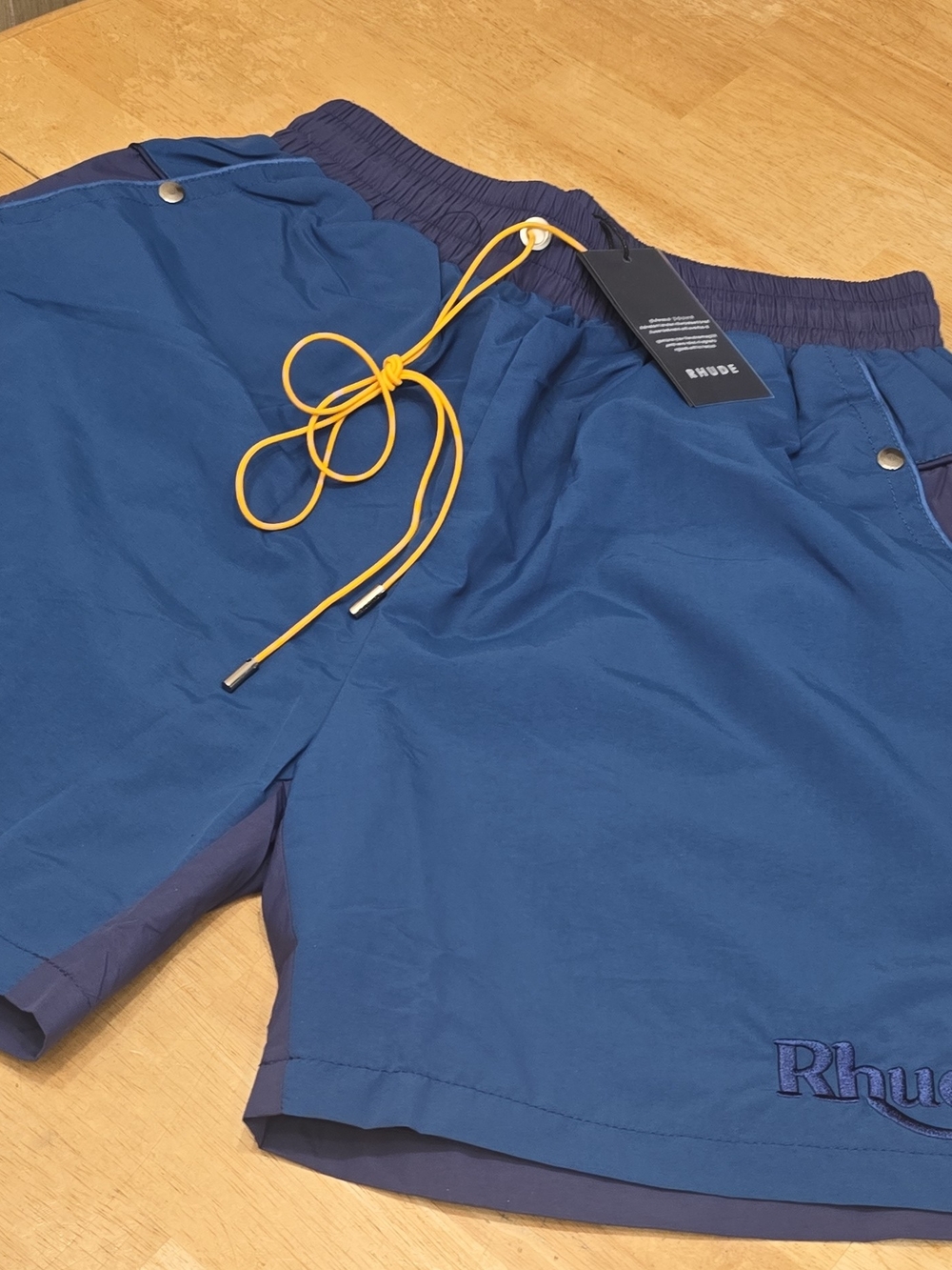 Rhude Navy Blue Athletic Shorts with Yellow Drawcord